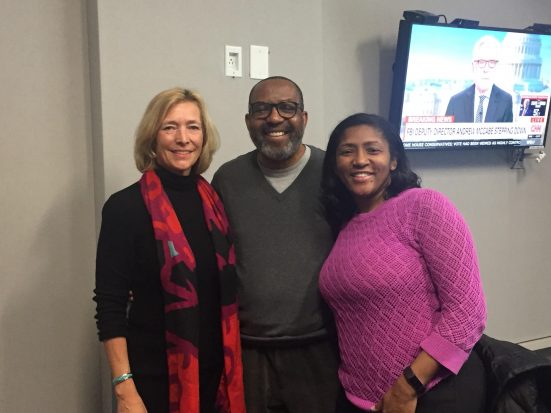 [From L to R] Maggie Burnette Stogner with WAMU Host Kojo Nnamdi and Women in Film and Video President Carletta Hurt